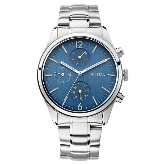 Titan 1805SM03 Blue Dial Multifunction Analog Watch for Men – Silver Stainless Steel Strap, Quartz Movement