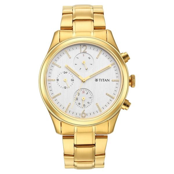 Titan 1805YM01 Men’s Silver Multifunction Quartz Analog Watch – Gold Stainless Steel Strap, Round Metal Case, Day & Date Display