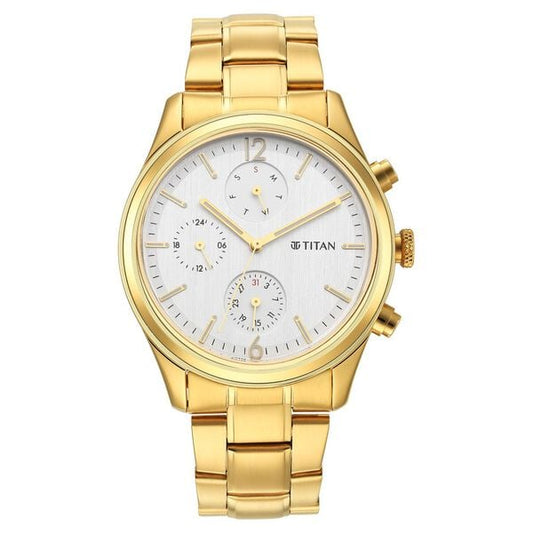 Titan 1805YM01 Men’s Silver Multifunction Quartz Analog Watch – Gold Stainless Steel Strap, Round Metal Case, Day & Date Display