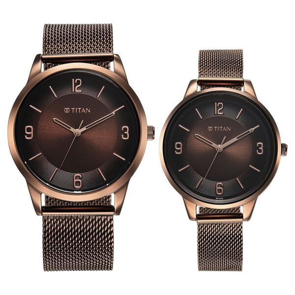 Titan 18062648QM01 Unisex Brown-Dial Analog Watch Set with Stainless Steel Strap