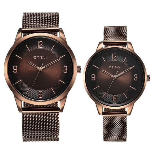 Titan 18062648QM01 Unisex Brown-Dial Analog Watch Set with Stainless Steel Strap