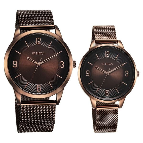 Titan 18062648QM01 Unisex Brown-Dial Analog Watch Set with Stainless Steel Strap