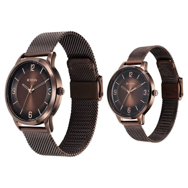 Titan 18062648QM01 Unisex Brown-Dial Analog Watch Set with Stainless Steel Strap