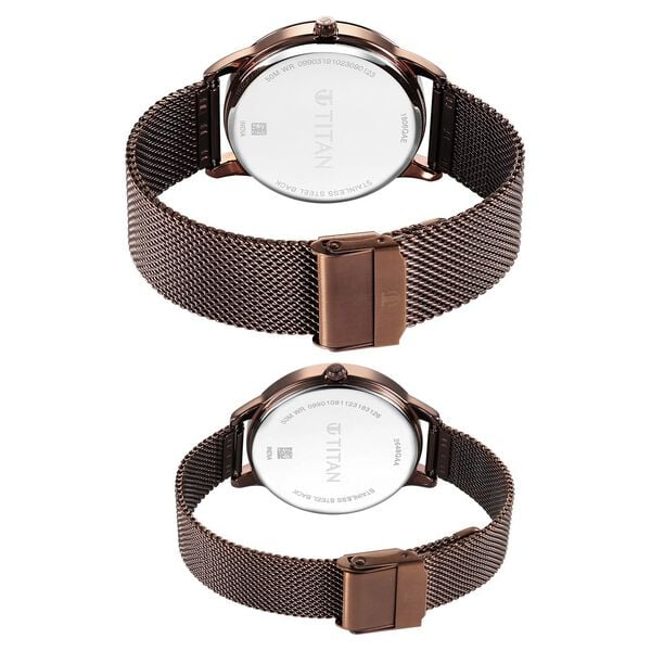 Titan 18062648QM01 Unisex Brown-Dial Analog Watch Set with Stainless Steel Strap