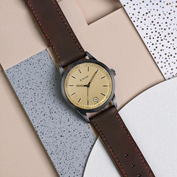 Titan 1806NL02 Men’s Golden Dial Quartz Analog Round Leather‑Strap Watch