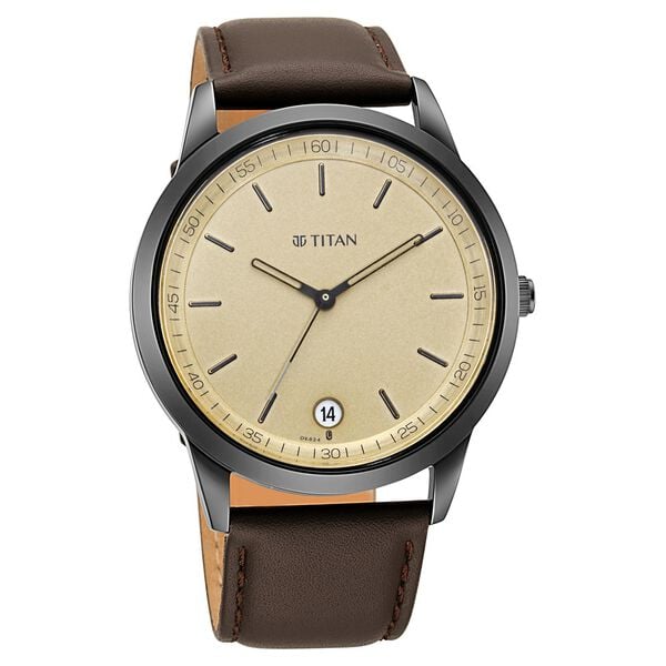 Titan 1806NL02 Men’s Golden Dial Quartz Analog Round Leather‑Strap Watch