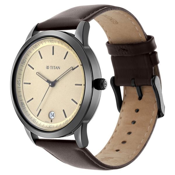 Titan 1806NL02 Men’s Golden Dial Quartz Analog Round Leather‑Strap Watch