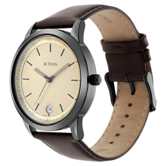 Titan 1806NL02 Men’s Golden Dial Quartz Analog Round Leather‑Strap Watch