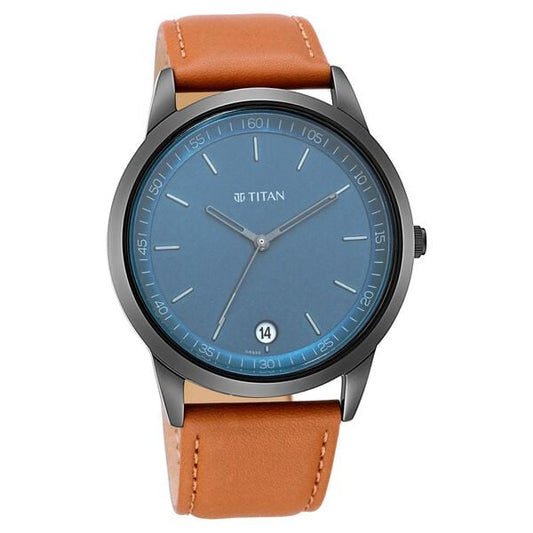 Titan 1806NL03 Blue Dial Analog Watch for Men – Brown Leather Strap, Quartz Movement