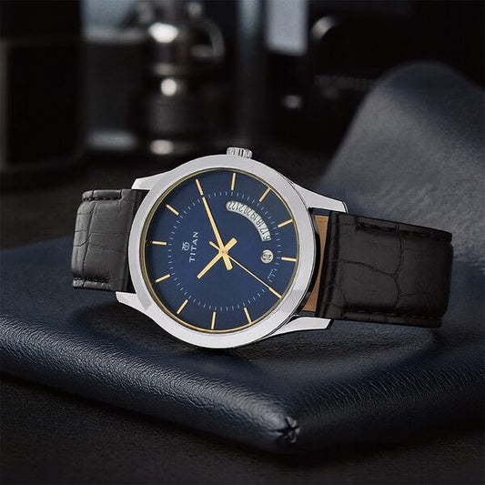 Titan 1823SL01 Men’s Analog Watch | Blue Dial & Black Leather Strap | Quartz Date Watch