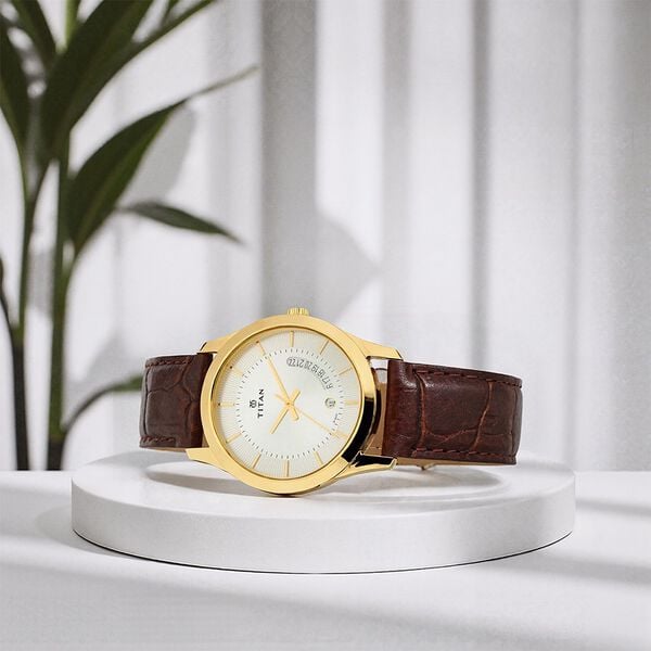 Titan 1823YL01 Men’s Analog Watch | Silver Dial & Brown Leather Strap | Quartz Date Watch