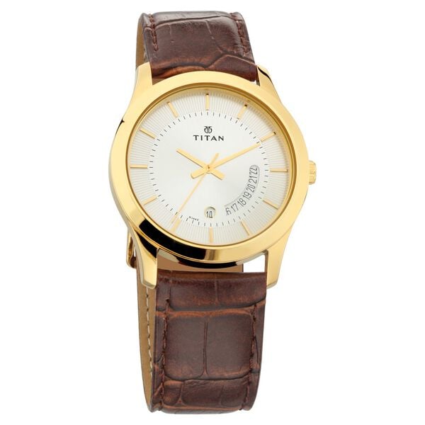 Titan 1823YL01 Men’s Analog Watch | Silver Dial & Brown Leather Strap | Quartz Date Watch