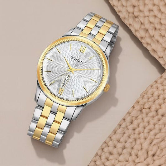 Titan 1824BM02 Men Silver-White Dial Two-Tone Metal Strap Quartz Watch