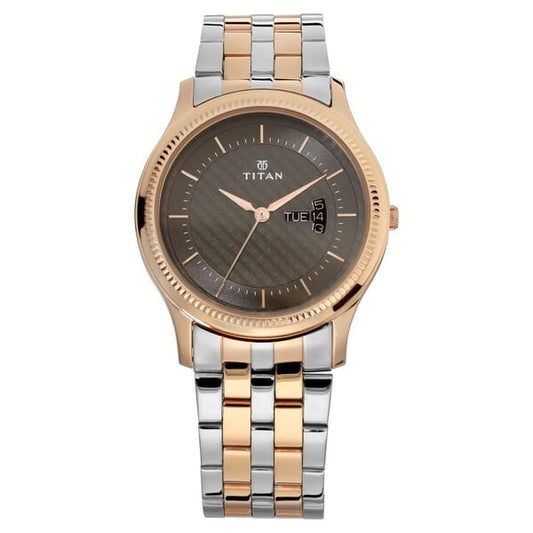 Titan 1824KM01 Brown Dial Analog Quartz Stainless Steel Men’s Watch – Two-Toned Band, Round Case, Day & Date Display