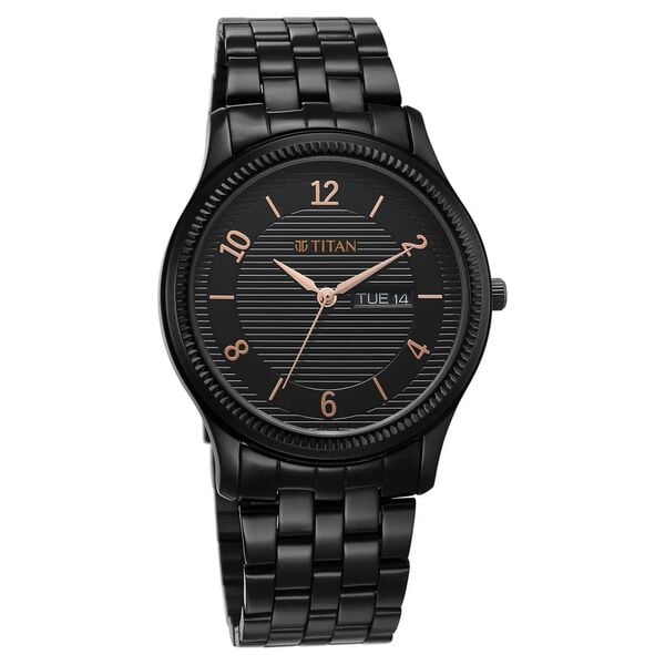 Titan 1824NM01 Men’s Analog Watch | Black Dial & Black Stainless-Steel Strap | Quartz Day-Date Watch