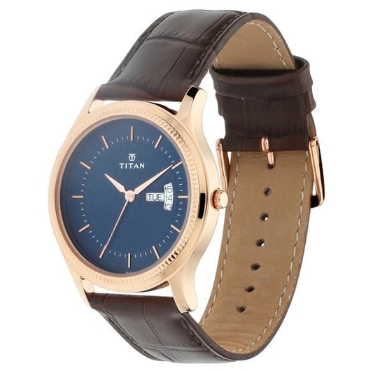 Titan 1824WL01 Blue Dial Analog Watch for Men – Brown Leather Strap, Quartz Movement