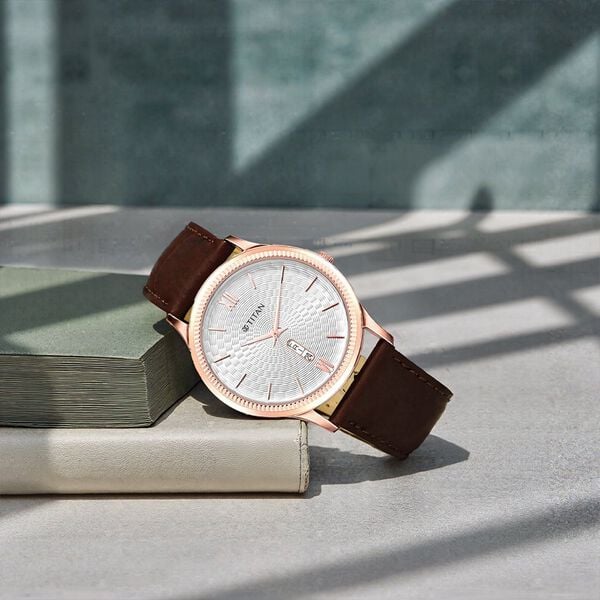 Titan NS1824WL02 Men’s Quartz Analog Watch with White Dial with Day-Date & Brown Leather Strap