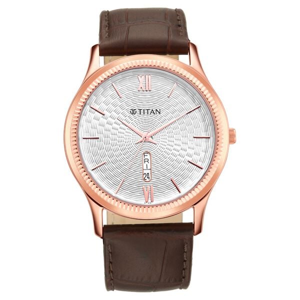 Titan NS1824WL02 Men’s Quartz Analog Watch with White Dial with Day-Date & Brown Leather Strap