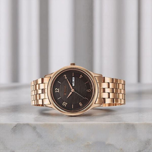 Titan 1824WM01 Men’s Quartz Analog Brown Dial Watch with Rose-Gold Stainless Steel Strap