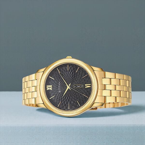 Titan 1824YM01 Men’s Quartz Analog Watch with Black Dial & Gold-Tone Metal Strap