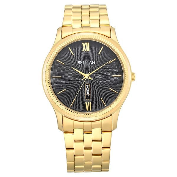Titan 1824YM01 Men’s Quartz Analog Watch with Black Dial & Gold-Tone Metal Strap