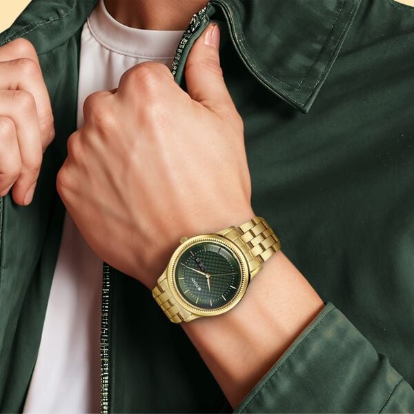 Titan 1824YM02 Men’s Green-Dial Analog Watch with Gold Stainless Steel Strap