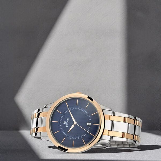 Titan 1825KM01 Men’s Analog Watch | Blue Dial & Stainless Steel Bracelet | Quartz Date Watch