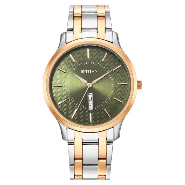 Titan 1825KM03 Men’s Quartz Analog Green Dial Two‑Tone Stainless Steel Strap Watch