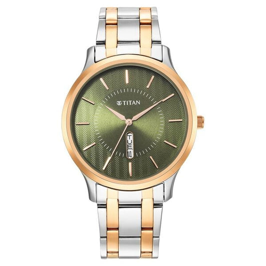 Titan 1825KM03 Men’s Quartz Analog Green Dial Two‑Tone Stainless Steel Strap Watch