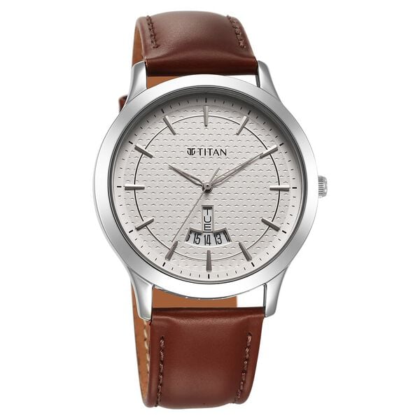 Titan 1825SL15 Quartz Analog Silver Dial Leather Strap Men Watch
