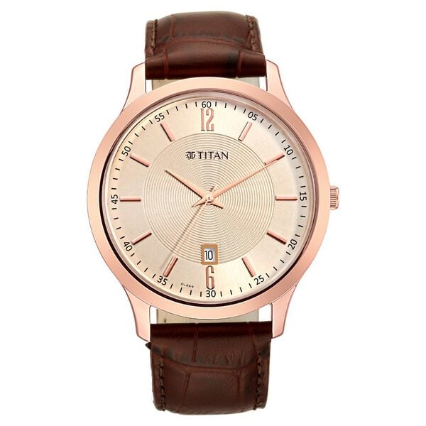 Titan 1825WL02 Rose Gold Dial Analog Watch for Men – Brown Leather Strap, Quartz Movement