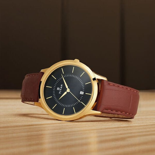Titan 1825YL01 Men’s Quartz Analog Watch —with Black Dial & Brown Leather Strap