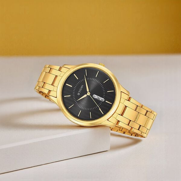 Titan 1825YM02 Men’s Quartz Analog Watch with Black Dial & Gold Stainless Steel Strap