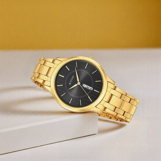 Titan 1825YM02 Men’s Quartz Analog Watch with Black Dial & Gold Stainless Steel Strap
