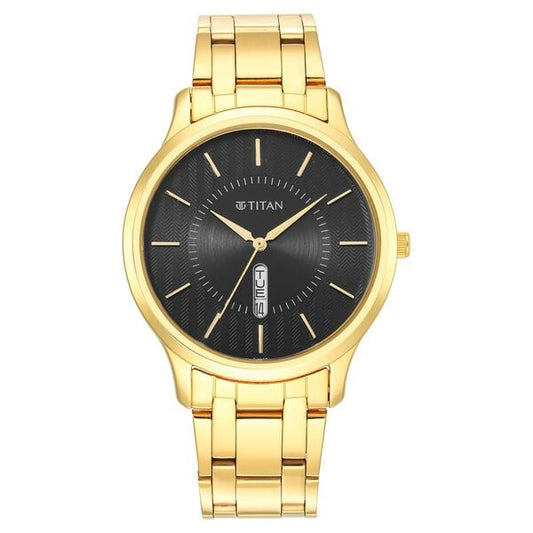 Titan 1825YM02 Karishma Black Dial Analog with Day and Date Golden Stainless Steel Watch – Men