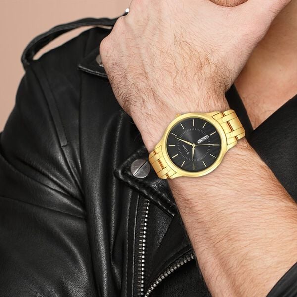 Titan 1825YM02 Men’s Quartz Analog Watch with Black Dial & Gold Stainless Steel Strap