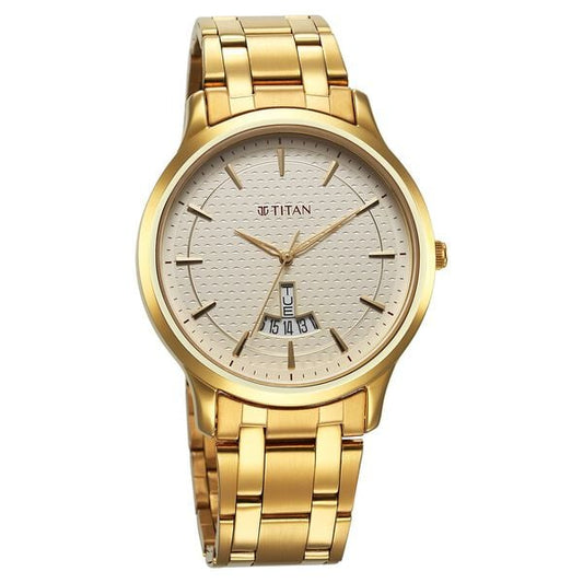 Titan 1825YM12 Champagne Dial Analog Quartz Stainless Steel Men’s Watch – Golden Band, Round Case, Date Display
