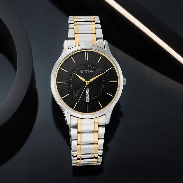 Titan 1845BM01 Men’s Quartz Analog Watch with Black Dial & Two-Tone Metal Strap