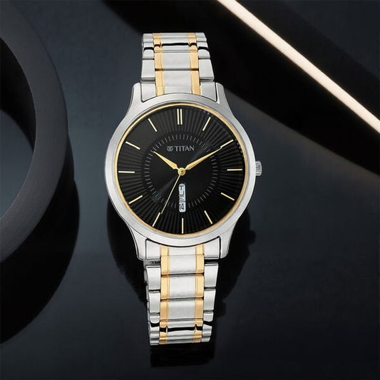 Titan 1845BM01 Men’s Quartz Analog Watch with Black Dial & Two-Tone Metal Strap