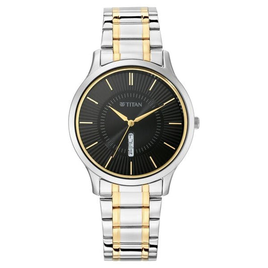 Titan 1845BM01 Men’s Quartz Analog Watch with Black Dial & Two-Tone Metal Strap