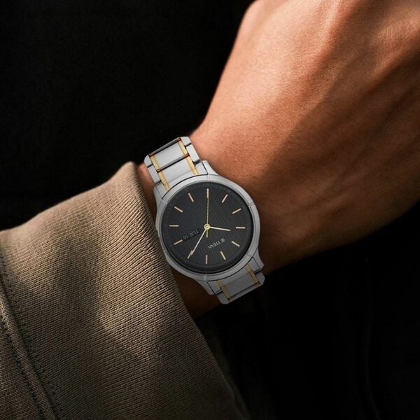 Titan 1845BM01 Men’s Quartz Analog Watch with Black Dial & Two-Tone Metal Strap