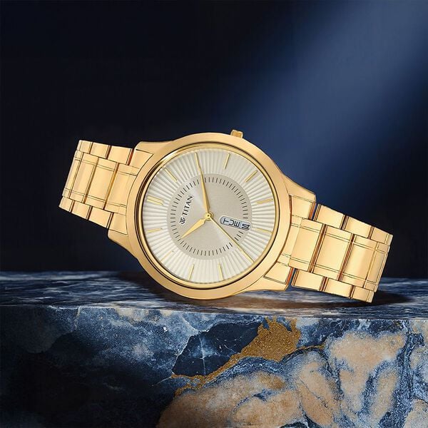 Titan 1845YM01 Men’s Yellow Dial Quartz Analog Day-Date Round Stainless Steel Watch