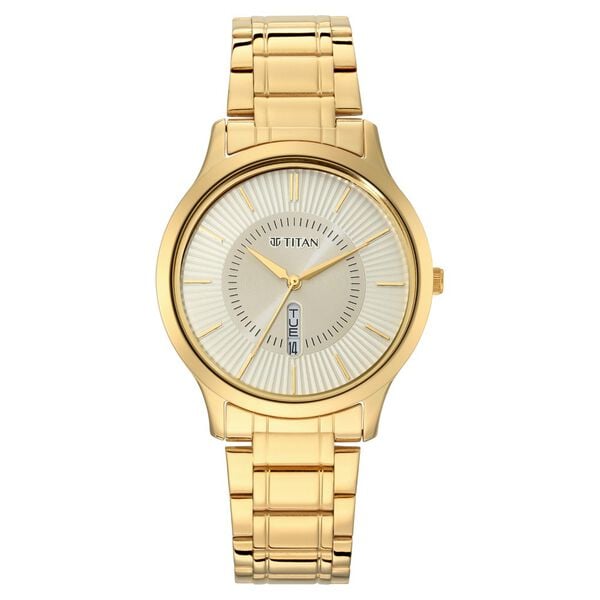 Titan 1845YM01 Men’s Yellow Dial Quartz Analog Day-Date Round Stainless Steel Watch