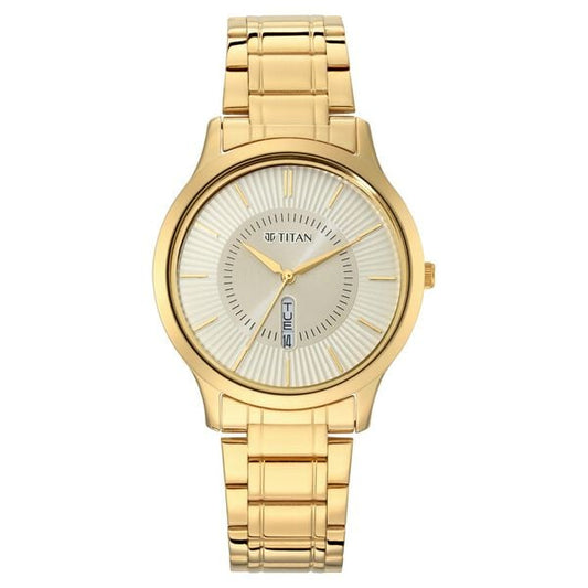 Titan 1845YM01 Men’s Yellow Dial Quartz Analog Day-Date Round Stainless Steel Watch