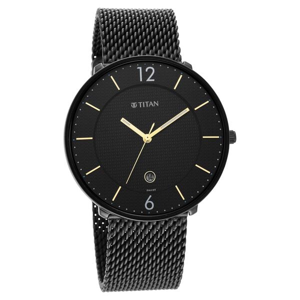 Titan 1849NM02 Men’s Black Dial Black Stainless Steel Strap Quartz Analog Watch – Round Metal Case, Mineral Glass, 3‑Piece Sliding Clasp