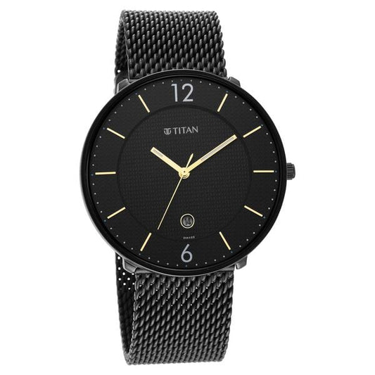 Titan 1849NM02 Men’s Black Dial Black Stainless Steel Strap Quartz Analog Watch – Round Metal Case, Mineral Glass, 3‑Piece Sliding Clasp