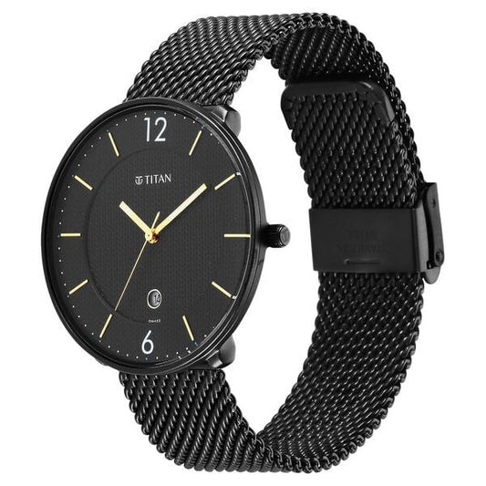 Titan 1849NM02 Men’s Black Dial Black Stainless Steel Strap Quartz Analog Watch – Round Metal Case, Mineral Glass, 3‑Piece Sliding Clasp