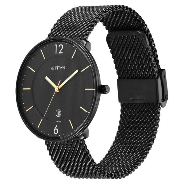 Titan 1849NM02 Men’s Black Dial Black Stainless Steel Strap Quartz Analog Watch – Round Metal Case, Mineral Glass, 3‑Piece Sliding Clasp