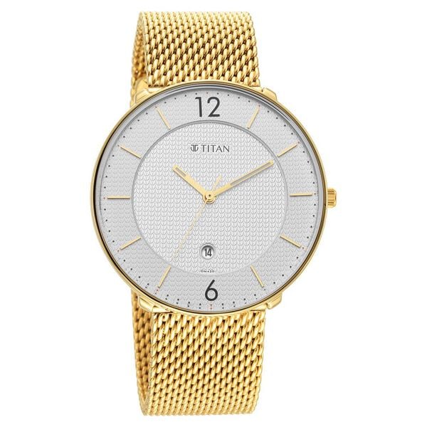 Titan 1849YM01 Black & Gold Quartz Analog Men’s Watch with Silver Dial, Date Display & Gold Stainless Steel Strap