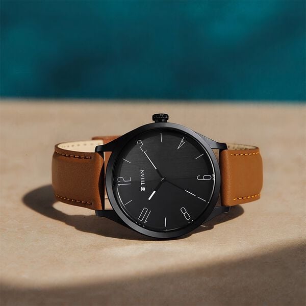 Titan 1865NL01 Men’s Quartz Analog Watch with Black Dial & Brown Leather Strap